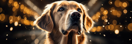 Golden Retriever dog portrait with bokeh lights on backgroundの素材