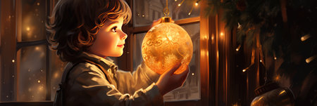 Little boy with a Christmas ball at the window. Christmas and New Year concept.の素材