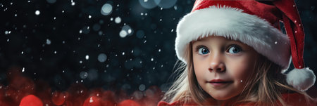 Cute little girl in Santa Claus hat looking at camera on black background, bannerの素材