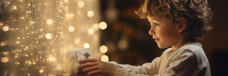 Cute little boy holding a cup of hot chocolate with marshmallows on Christmas Eveの素材
