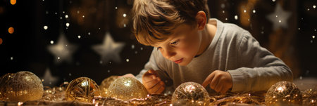 Cute little boy playing with christmas decoration on dark background, panoramaの素材