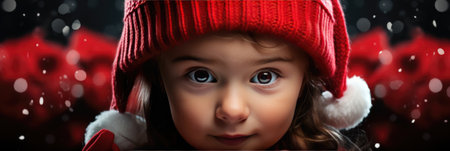 Portrait of a cute little girl in a red hat and scarf.の素材