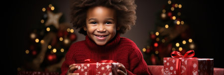 happy african american child with christmas gift box at homeの素材