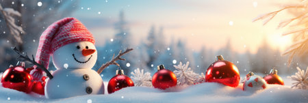 Snowman and red christmas baubles on snow with copy spaceの素材