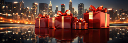 Gift boxes with red ribbons against night cityscape with reflectionsの素材