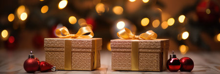 Gift boxes with Christmas ornaments on bokeh backgroundの素材