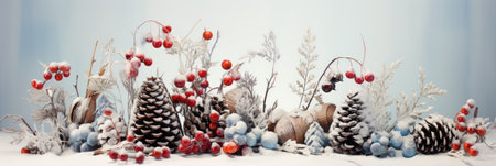 Winter background with pine cone, rowan berries and snowflakesの素材