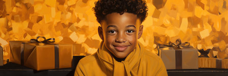 happy african american boy with christmas gift box on bokeh backgroundの素材