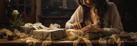 Beautiful young woman with long wavy hair in a white shirt sits at a wooden table with a gift boxの素材