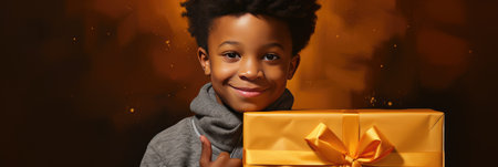 smiling african american girl with gift box on brown backgroundの素材