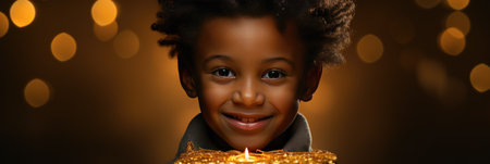smiling african american woman holding burning candle on christmas eveの素材