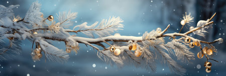 Frozen winter forest with snow covered trees. Panoramic bannerの素材