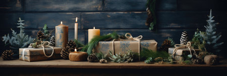 Christmas and New Year background with presents, candles, fir branches and pine conesの素材