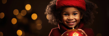 happy african american girl in red scarf and hat with christmas ballの素材