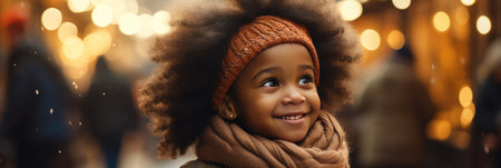 happy african american little girl in winter hat and scarf on christmas marketの素材