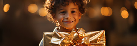 happy african american child with gift box over christmas lightsの素材