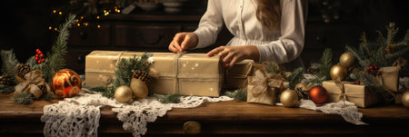 Young woman wrapping Christmas presents in rustic style. Christmas and New Year concept.の素材