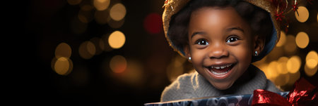 happy african american little girl with christmas present over lights backgroundの素材