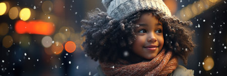happy african american girl in winter hat and scarf looking at cameraの素材