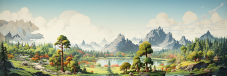 Fantasy landscape with mountains, lake and forest. Digital illustration.の素材
