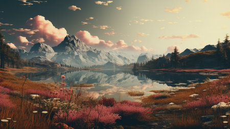 Colorful fantasy landscape with lake and mountains.の素材