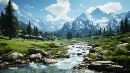 Beautiful mountain landscape with a stream and high peaks in the backgroundの素材