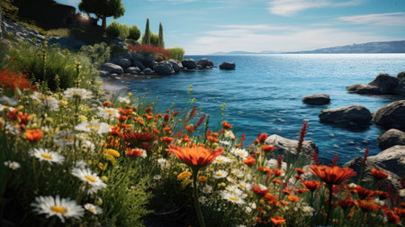 Beautiful summer landscape with flowers on the coast of the Mediterranean Seaの素材