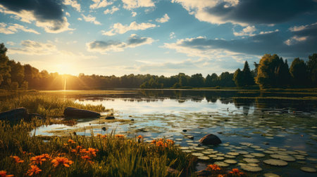 Sunset over the lake. Beautiful summer landscape with lake and forest.の素材