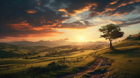 Beautiful sunset in Tuscany, Italy. Panoramic image.の素材