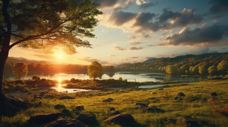 Beautiful sunset over the lake. Landscape with a lake and trees.の素材