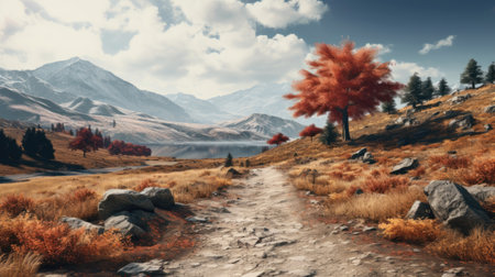 Autumn mountain landscape with colorful trees and lake.の素材