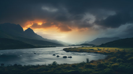 Mountain landscape with lake and sunset. Dramatic overcast skyの素材