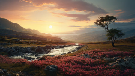 Beautiful sunset over a mountain river with pink rhododendronsの素材