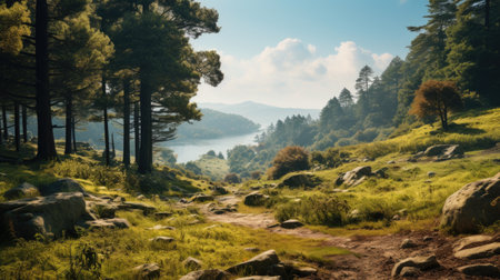 Beautiful mountain landscape with a lake and pine trees in the foregroundの素材