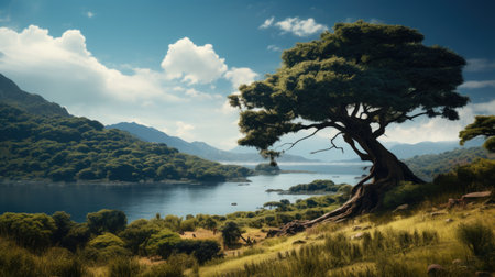 Pine tree on the top of the mountain with lake in backgroundの素材