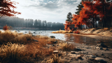 Beautiful autumn landscape with lake and forest. Color toning.