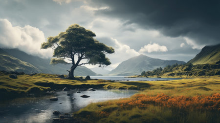 Beautiful landscape image of Lake District with a tree in the foregroundの素材