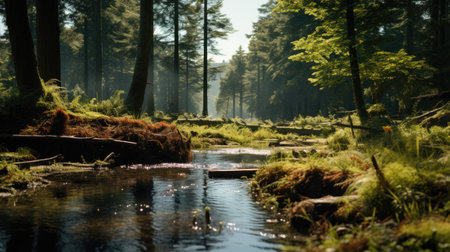Beautiful landscape of a small forest river in the evening light in summerの素材