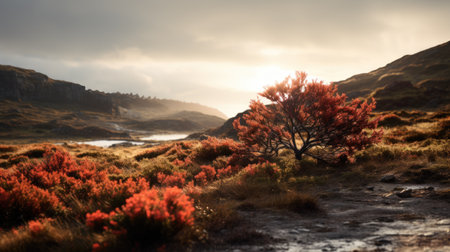 Lonely tree on the hillside at sunrise in Scotland.の素材