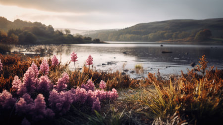 Beautiful autumn landscape image of English Lake District with pink flowers.の素材