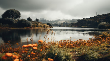 Beautiful autumn landscape with lake and orange poppies in cloudy dayの素材