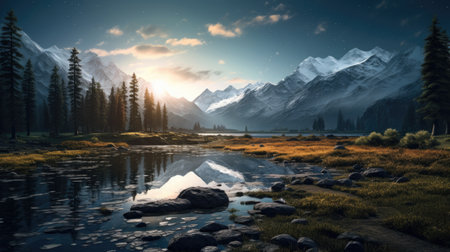 Mountain landscape with lake and snow-capped peaks at sunsetの素材