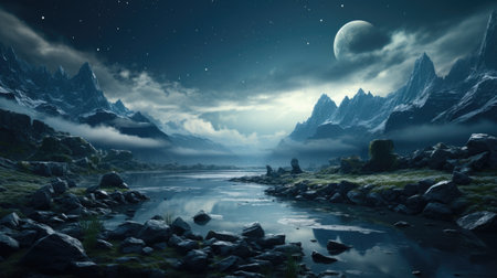 Fantasy landscape with mountains and river.の素材