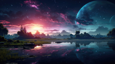 Fantasy landscape with lake and moon.の素材