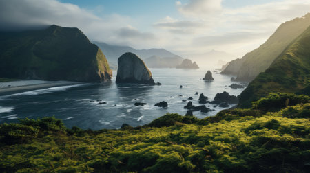 Panoramic view of the Pacific Ocean at sunset, New Zealandの素材