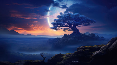 Fantasy landscape with tree and full moon.の素材