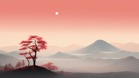 Mountain landscape with a red tree in the foregroundの素材