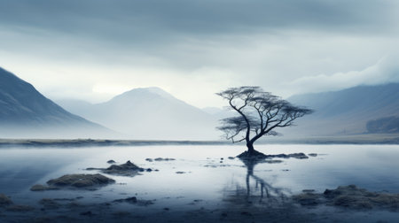 Lonely tree on the shore of a lake with mountains in the backgroundの素材