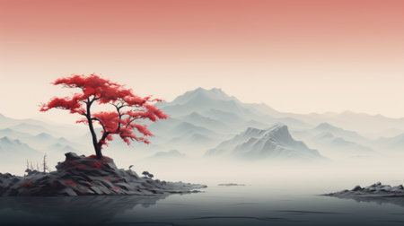 Fantasy landscape with red tree on the lake.の素材