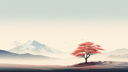 Mountain landscape with a red tree and snowの素材